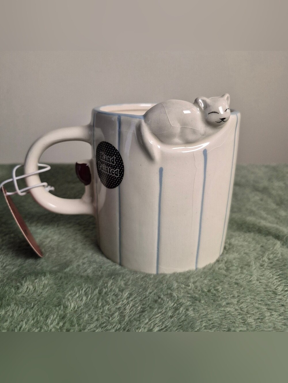 NWT Hand-Painted White Ceramic Mug with Sleeping Cat Accent